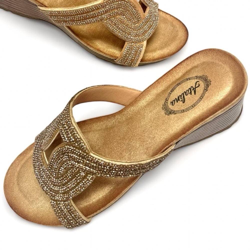 Italina Champagne Rhinestone Embellished Faux Leather Low Heeled Wedge Sandal
